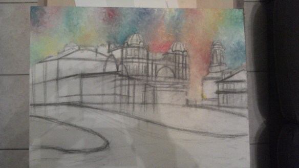 Buxton Opera House - Showing progress after the sky had been painted in.