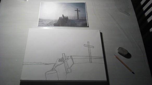 Corbar Cross after the basic sketching has been applied to the A3 Canvas