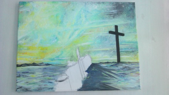 Corbar Cross showing the cross painted in along with the snow and some details on the ground.