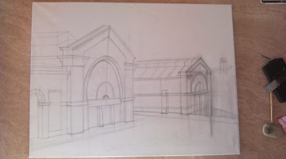 Pencil outline of the 2 twin stations drawn into place.