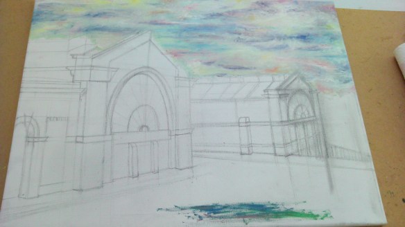 Showing the drawing with the sky now painted onto the canvas.