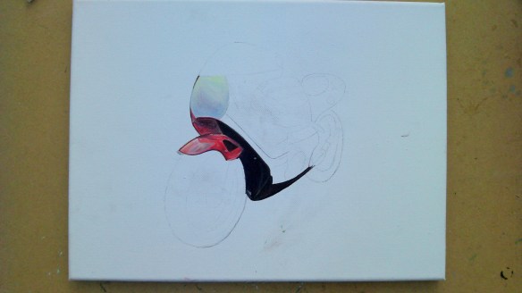 Showing the sketch and the first part of the body work painted.