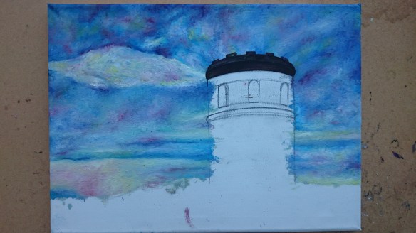 Showing the sky and top of the temple